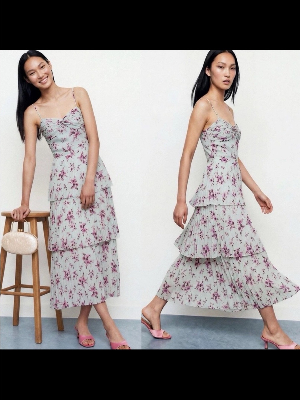 Monique Lhuillier Mint Tiered Midi Dress with Purple Floral Print Size 22W